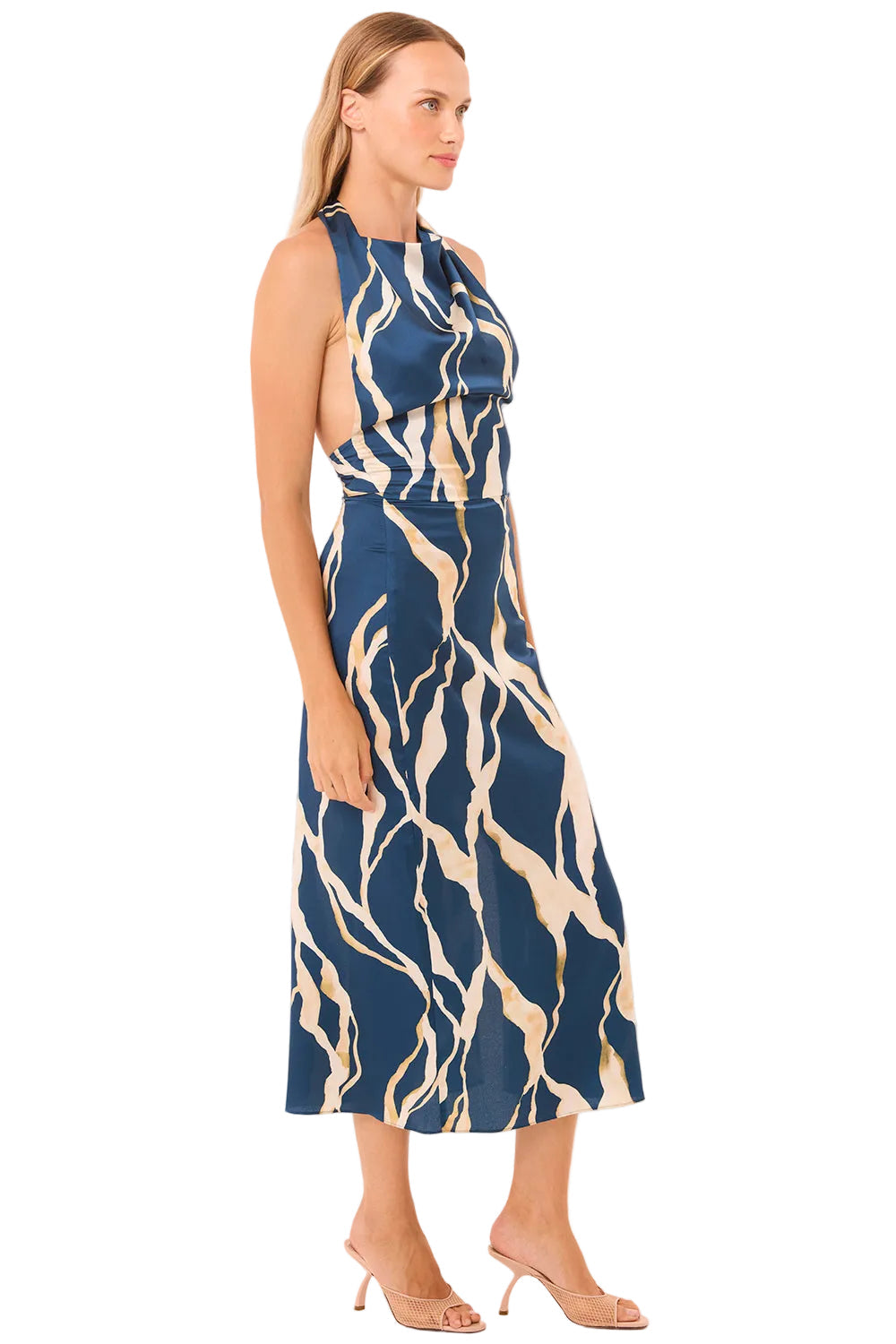 Abstract Satin Halter Midi Dress