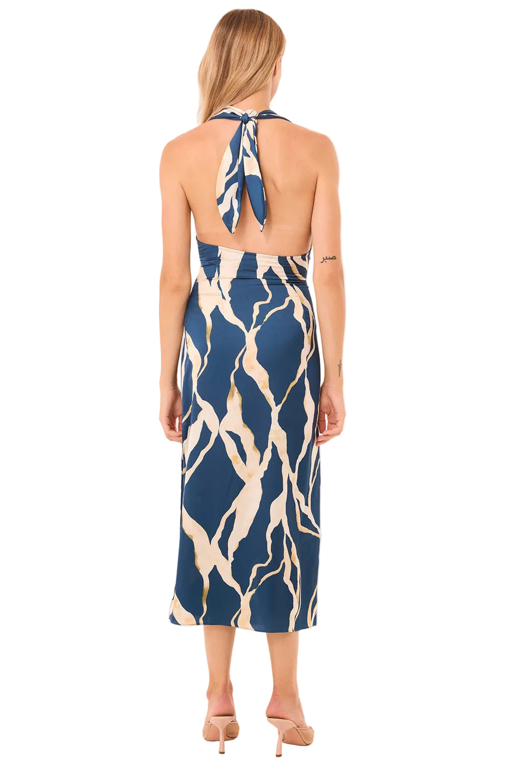 Abstract Satin Halter Midi Dress
