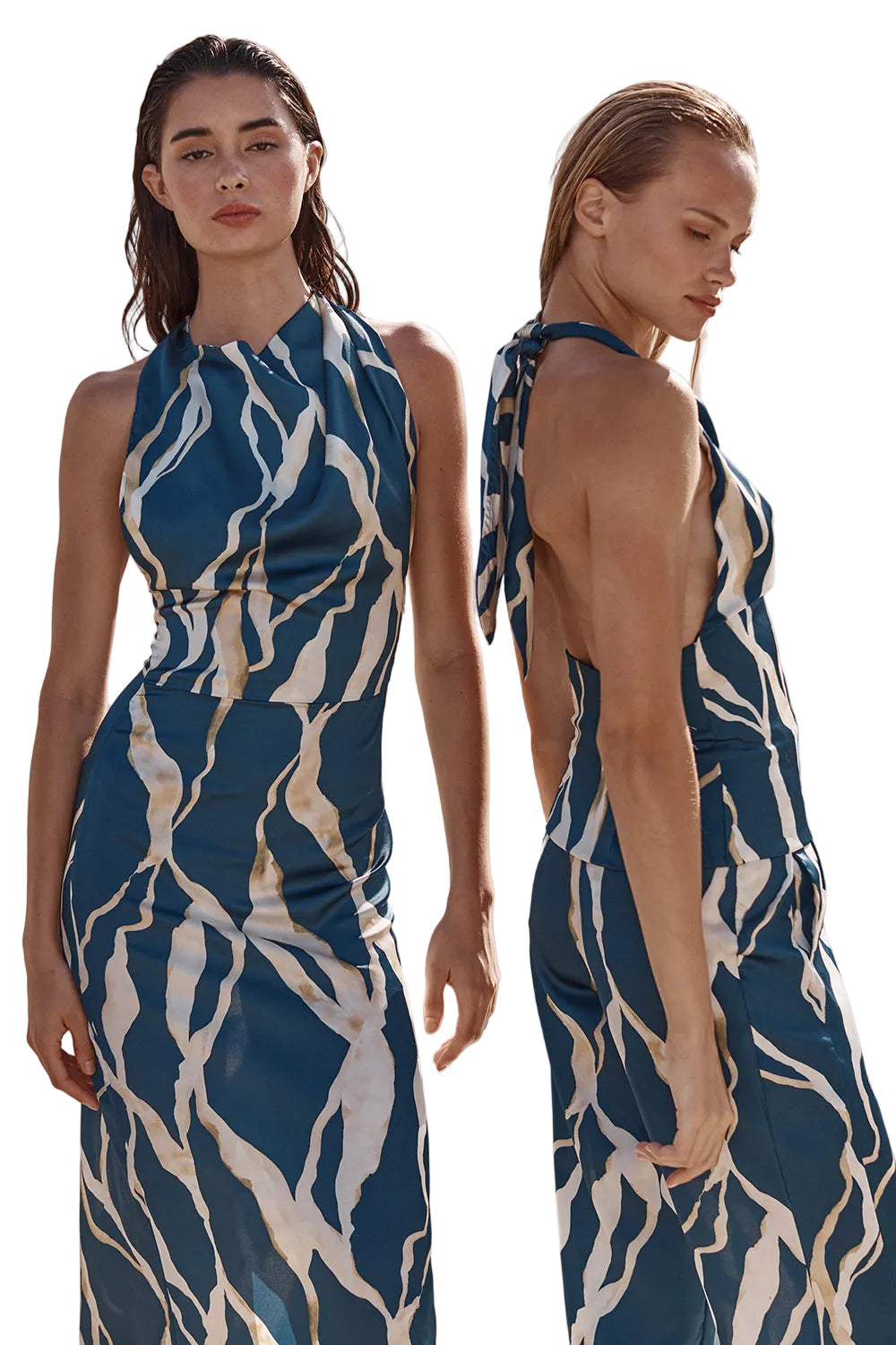 Abstract Satin Halter Midi Dress