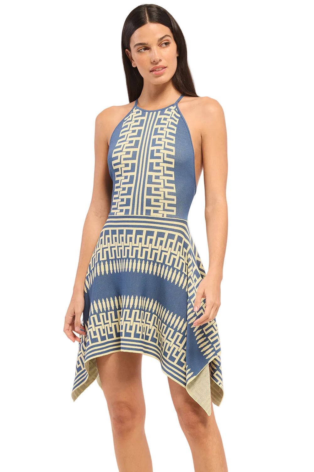 Woman wearing a blue and white patterned dress on a plain background