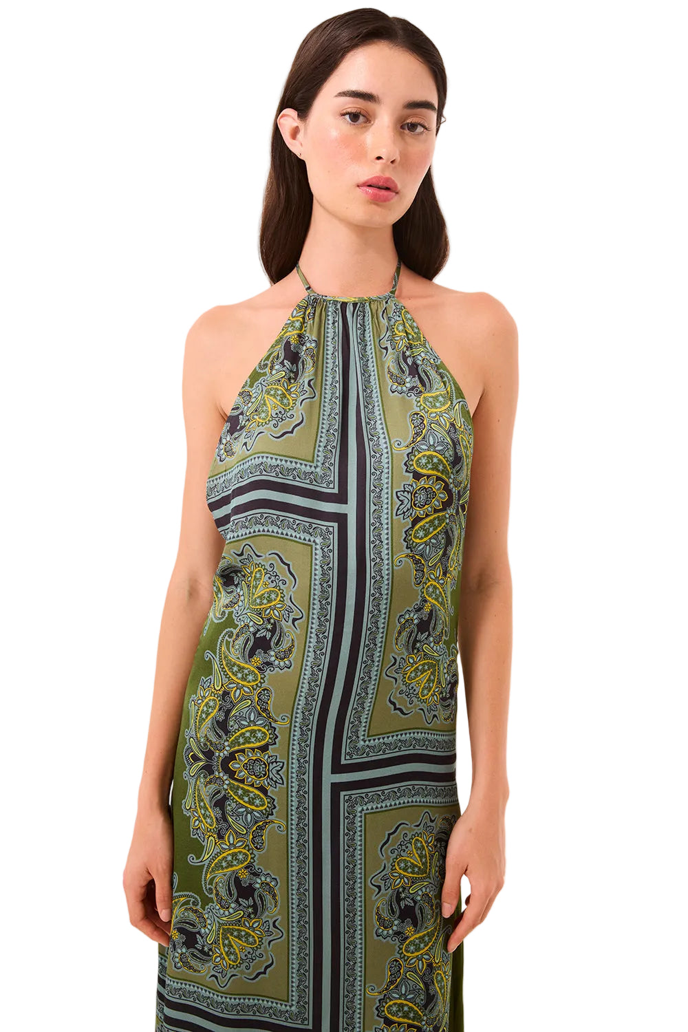 Moss Scarf Satin Halter Maxi Dress