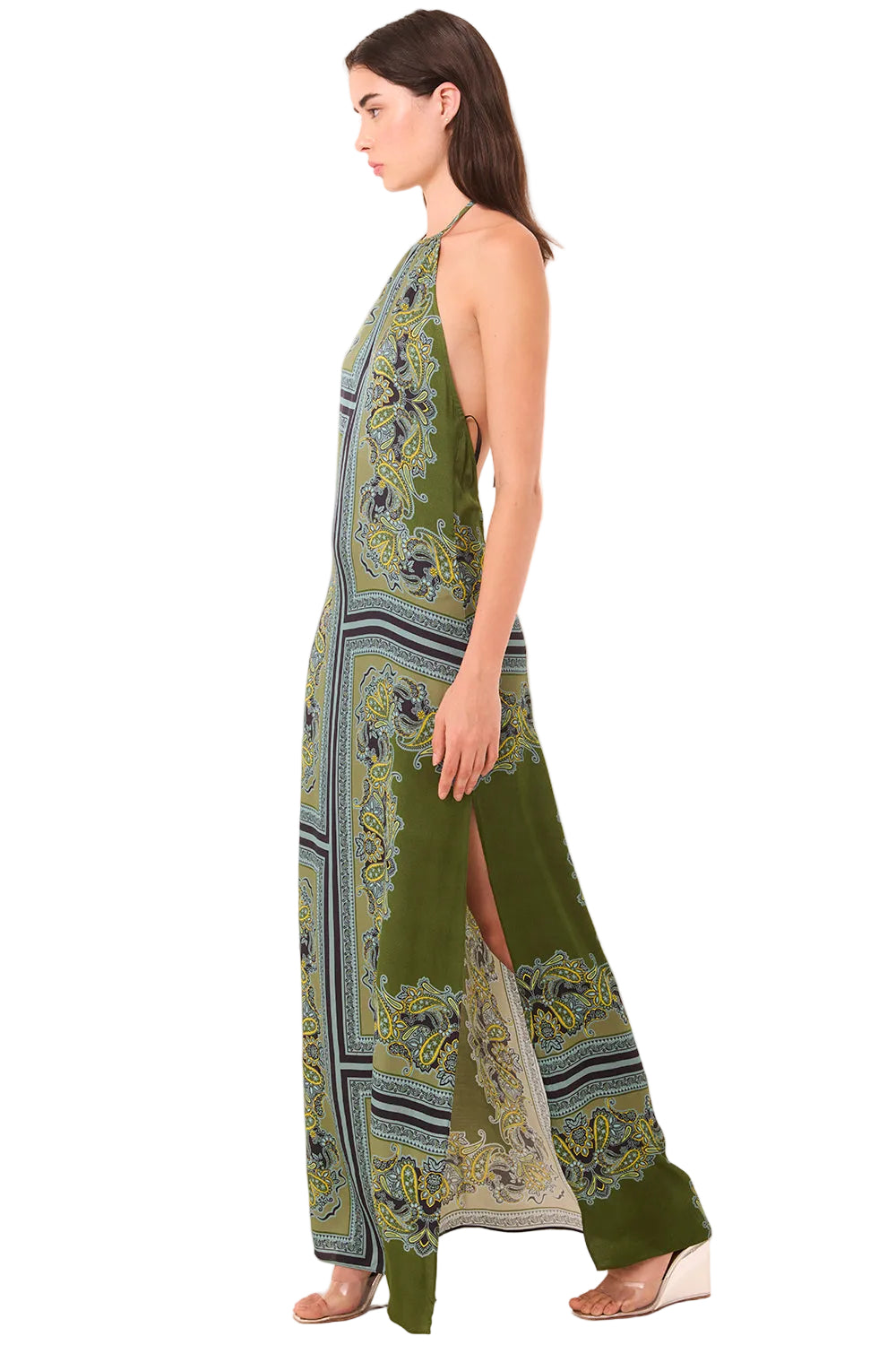 Moss Scarf Satin Halter Maxi Dress