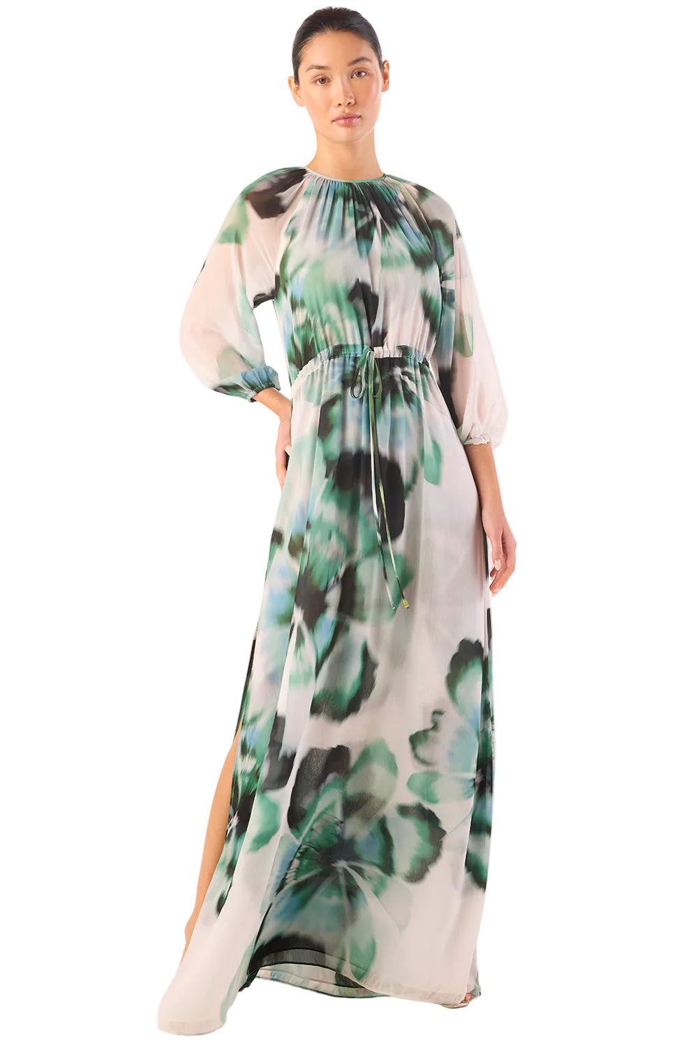 Woman wearing a floral dress on a white background
