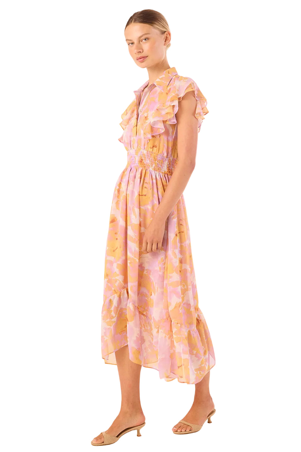 Watercolor Floral Ruffle Midi Dress