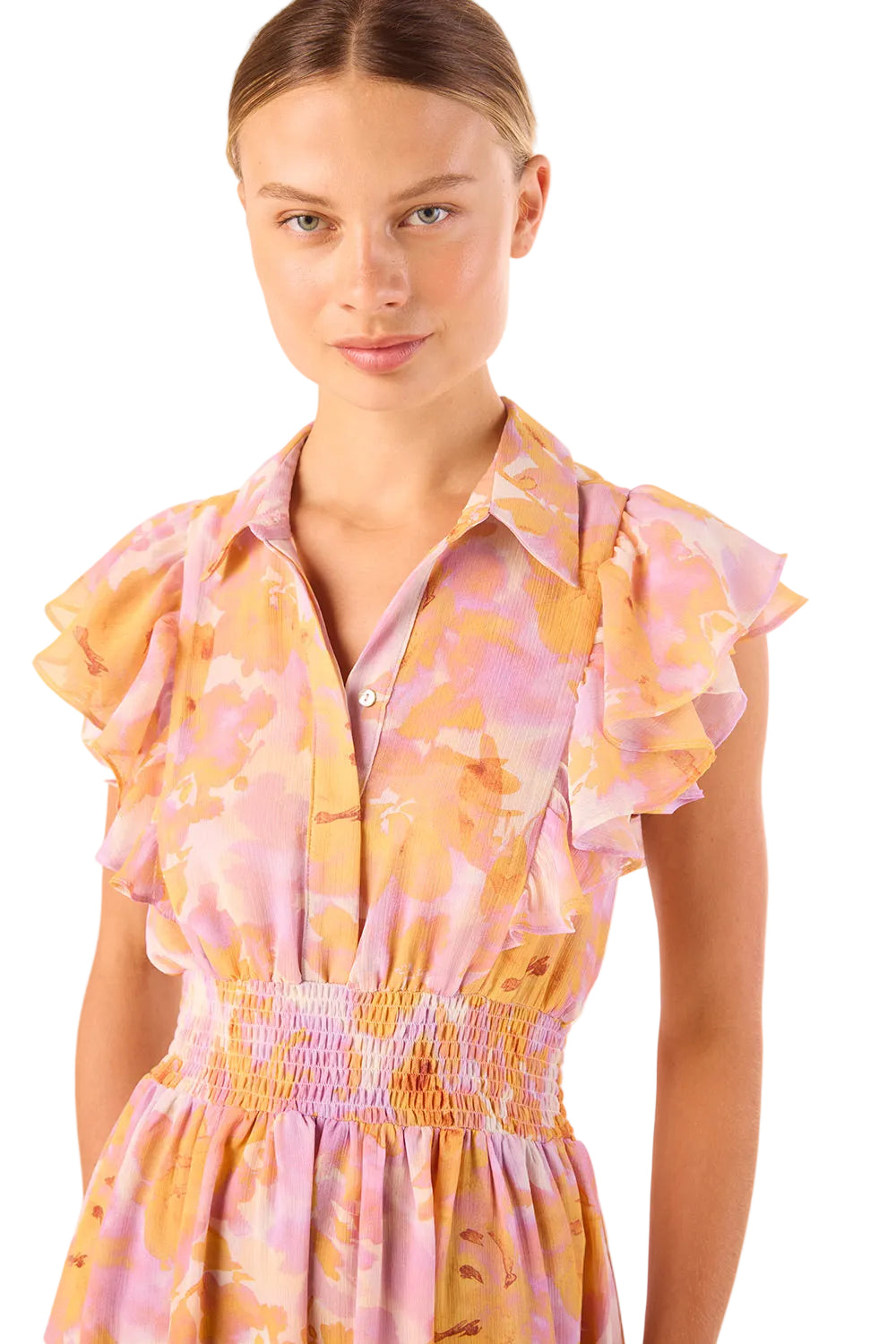 Watercolor Floral Ruffle Midi Dress